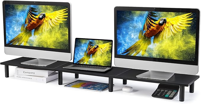 47 Inch Extra-Long Dual Monitor Stand Riser for 2 Monitors, Desk Shelf TV Riser Blocks, Wood and Steel Desktop Riser for Computer, Laptop, Printer, Home Office Organization, Black
