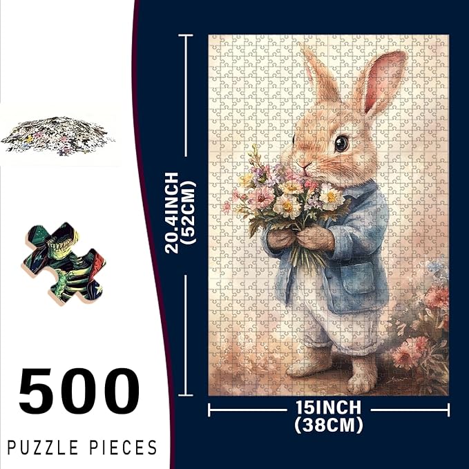 500 Piece Wooden Puzzle Rabbit Adults & Kids Challenging Jigsaw for Stress Relief Family Bonding & Skill Building 20.4x15 Inch