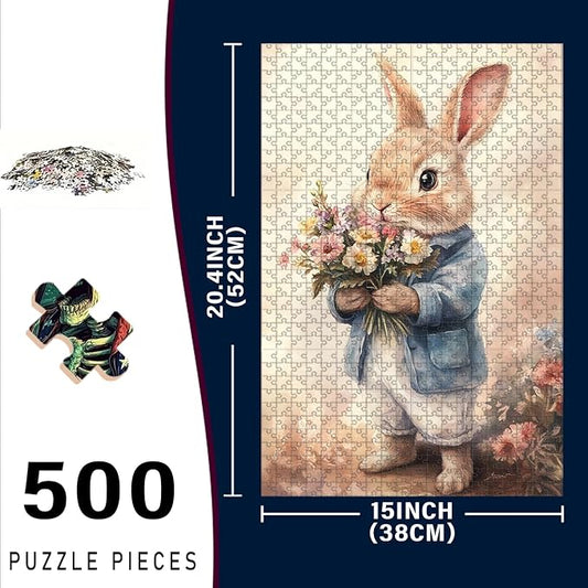 500 Piece Wooden Puzzle Rabbit Adults & Kids Challenging Jigsaw for Stress Relief Family Bonding & Skill Building 20.4x15 Inch