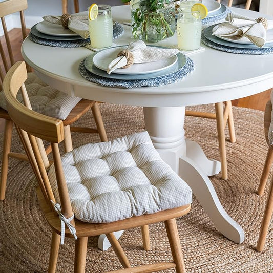 Barnett Home Decor Madrid Natural Dining Chair Pad with Ties - 15 x 17 Size Small Chair Cushion - Latex Foam Fill - Machine Washable, Reversible, 100% Cotton, Made in USA (Neutral Gingham Check)