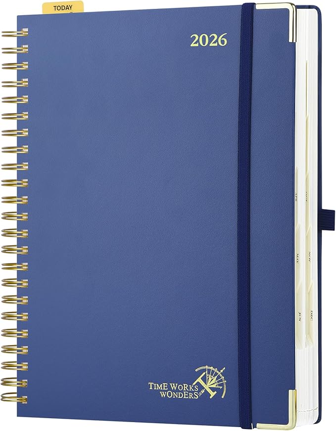 POPRUN 2026 Daily Planner One Page A Day - [A4 Large Size 8.25" x 12" -Spiral Hard Cover], Agenda 2026 Hourly Appointment Book with Monthly Calendar, Pen Holder, Ivory Paper -Navy Blue