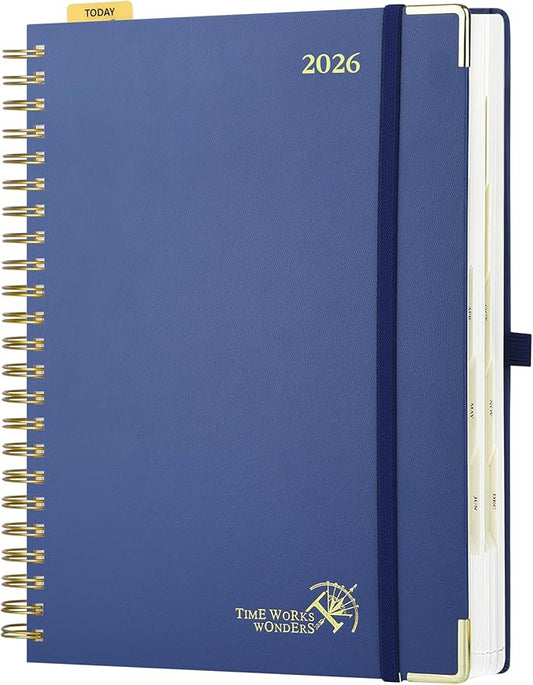 POPRUN 2026 Daily Planner One Page A Day - [A4 Large Size 8.25" x 12" -Spiral Hard Cover], Agenda 2026 Hourly Appointment Book with Monthly Calendar, Pen Holder, Ivory Paper -Navy Blue