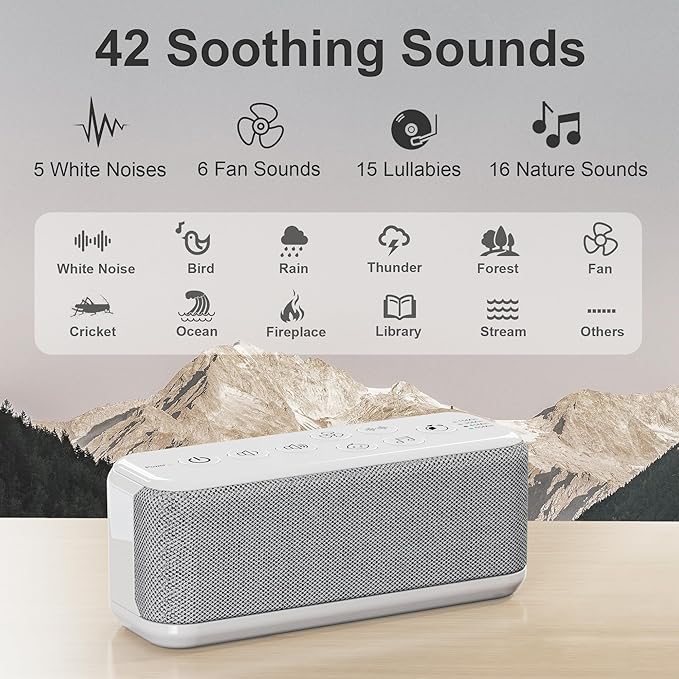 Raynic White Noise Machine, 42 Soothing Sounds Noise Machine, Rechargeable Battery Sound Machine with 8 Volumes, 5 Timers, Type-C Port, Headphone Jack for Baby, Adult, Home, Travel, Office
