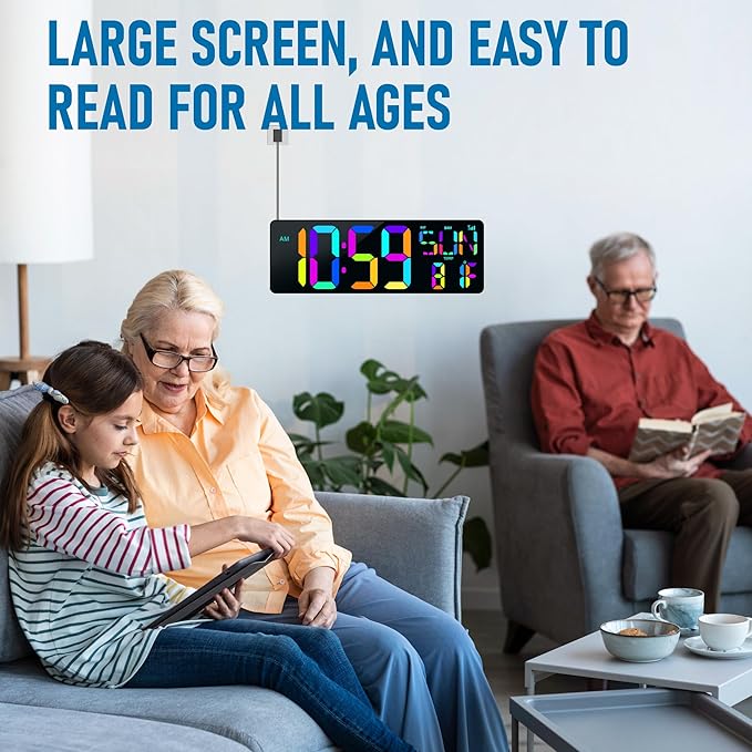 TXL16.5 Digital Wall Clock Large Display, LED Wall Clock RGB Color Changing, Count Up/Down Timer Clock with Remote Control, Adjustable Brightness Alarm Clock for Home, Office, Gym, Elderly, Auto DST