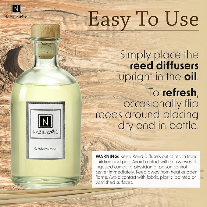 Nabila K Cedarwood Reed Diffuser Set – Warm Woodsy Aromatic Oil for Home – Long-Lasting, Smokeless Scent – Made in USA – Includes Reeds + Bottle – Flameless Candle Alternative