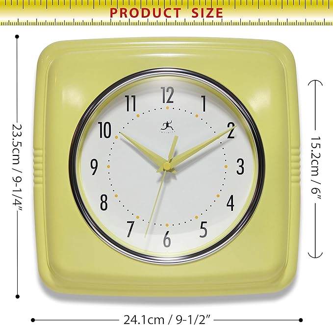 Infinity Instruments Retro Wall Clock – 9-Inch Square, Silent & Non-Ticking – Mid-Century Modern Vintage Design – Decorative Wall Clock for Kitchen, Office, or Diner – Yellow