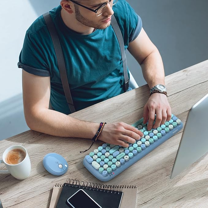Wireless Keyboard and Mouse Combo, MOWUX - Modern Compact Layout, Colorful Compact Candy Mouse and Retro Round Keyboard Set with Cover, for PC/Laptop/Windows/Mac - Blue Colorful