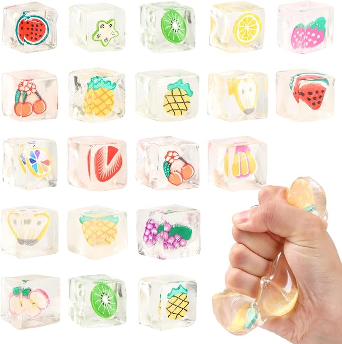 Jongdari Small Ice Cube Squishy Stress Cubes Balls Fidget Toys, Slow Rise Anxiety Relief Sensory Squeeze Toy Birthday Gifts Party Favors for Kids & Adults - 20pcs, Random Fruit Styles