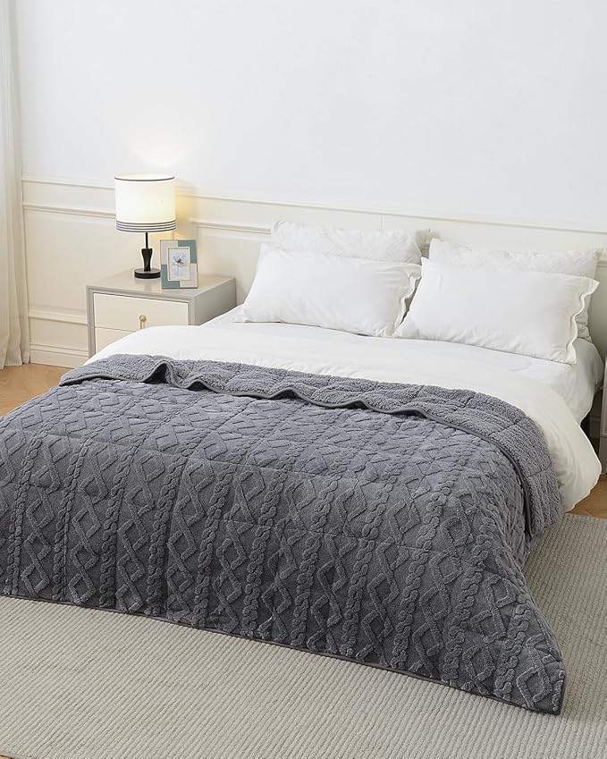 Topblan Weighted Blanket Twin Size 12 lbs, Soft Weighted Blanket with Doubled-Sized Shaggy Sherpa, Jacquard Knitted Stylish Warm Weighted Blankets Throw for Better Sleep, Grey, 48 x 72 inches