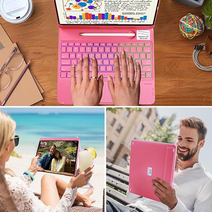 Keyboard Case for iPad Air 13 inch M3 2025&M2 2024, 360 Rotatable Wireless Folio 180 Swivel Stand Hard Cover Auto Sleep/Wake up Pink