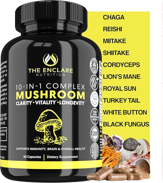 THE ENCLARE NUTRITION Mushroom Supplement 10in1 Complex Immune Support Lions Mane, Reishi, Turkey Tail, Cordyceps, Chaga, Maitake, Shiitake, Agaricus: Nootropic Brain, Energy Booster (1)