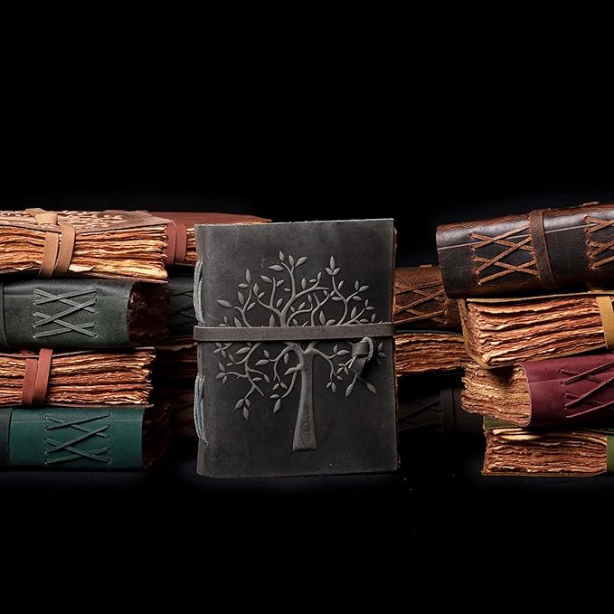 LEATHER VILLAGE Tree of Life Journal - 13 X 8 inches - Black - 200 Antique Deckle Edge Handmade Paper – Book of Shadows - Vintage Leather Bound Journal for Women & Men