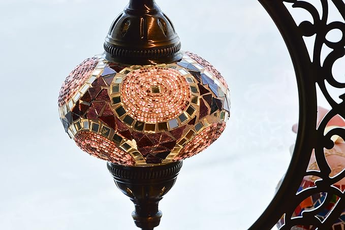 mozaist Turkish Mosaic Moon Shape Table Lamp, Moroccan Vintage Crescent Bohemian Handmade Bedside Light, Rustic Dining Room, Study Room, Office Decorative Lighting, Unique Turkish Gift (Lavender)