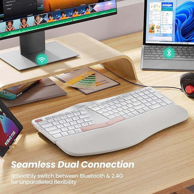 Nulea Wireless Ergonomic Keyboard, Split Keyboard with Cushioned Wrist Rest, Bluetooth and USB Connectivity, USB-C Rechargeable, Compatible with Windows Mac (White Pink)