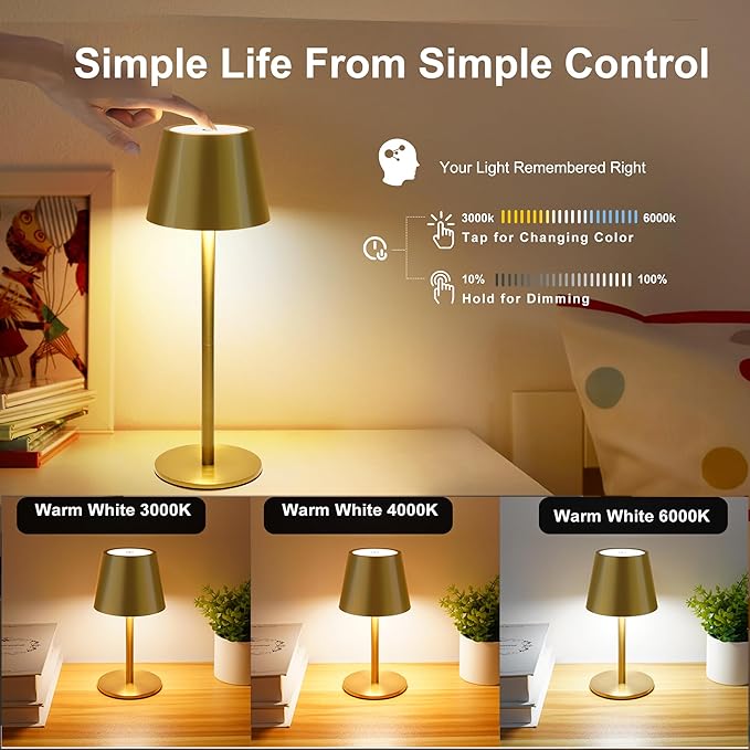 2 Pack Gold Cordless Table Lamp Rechargeable, Metal Small Bedside Table Lamp with 3 Adjustable Pole, 5400mAh Battery Operated Touch Lamp for Bedroom Kitchen Dining Waterproof & Portable