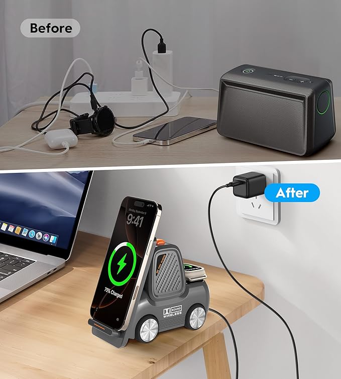 Forklift Wireless Charging Station with Bluetooth Speaker, 4 in 1 Wireless Fast Charger Multiple Devices, Compatible with iPhone16 15 14 13 Pro Max Series, Apple iWatch, Airpods, Android Phones