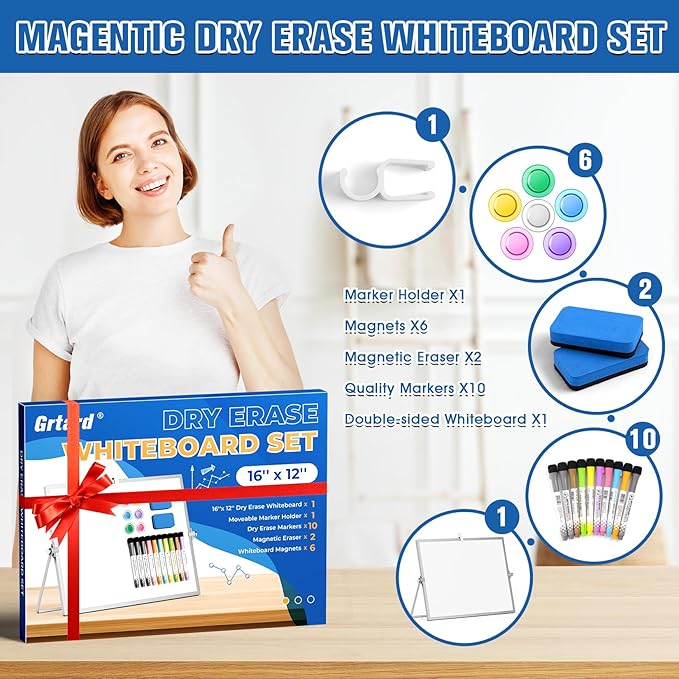 Grtard Dry Erase Magnetic White Board, 16''x12'' Double-Sided Desktop Whiteboard with Stand, Portable Small Whiteboard Set, Dry Erase Board for Drawing, ToDo, Office, Home, School