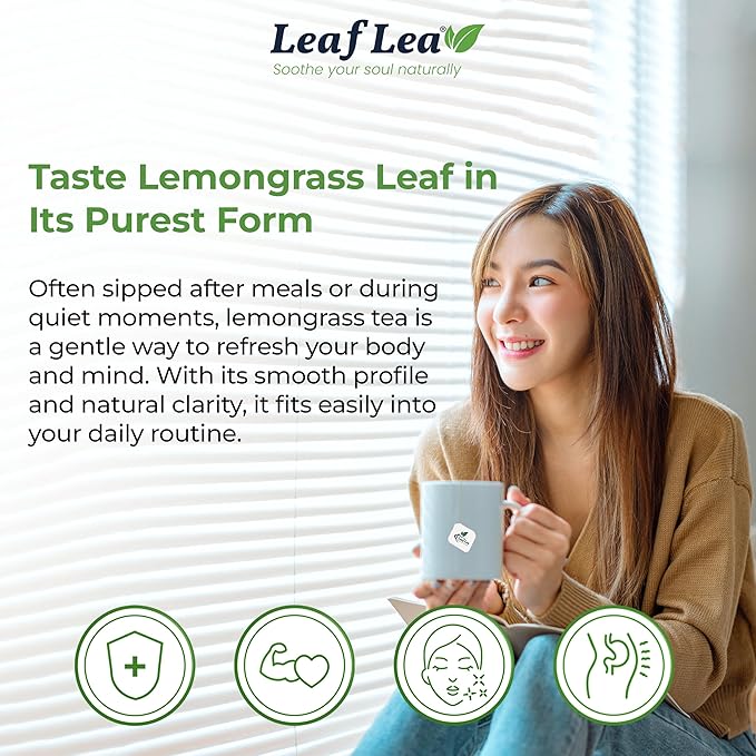 LeafLea 80 Premium Lemongrass Tea Bags, Natural Herbal Lemongrass Leaves, Te de Limoncillo for Digestion Support, Light & Soothing Taste, Caffeine-Free, Sugar-Free, Vegan, Individually Wrapped