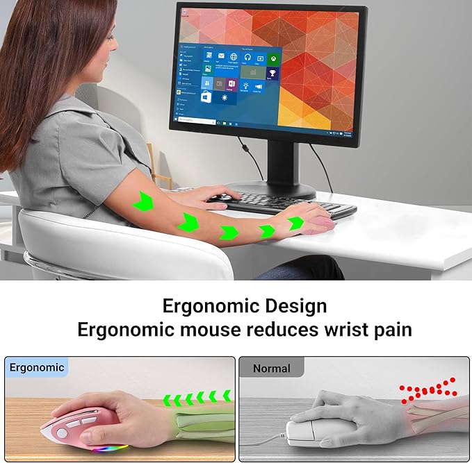 Ergonomic Mouse Jiggler,Bluetooth Vertical Wireless Mouse,LED Rechargeable Optical Computer Mice, Portable(BT5.2 or USB 2.4GHz) Dual Mode,1000/1600/2400 DPI,8 Buttons for Laptop,PC,Macbook (pink)