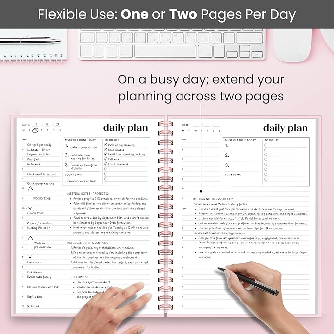 Large Daily Planner with Hourly Schedule, 8.5" x 11" Undated 6-Month Planner for Productivity, Full Page a Day, 2025-2026 Calendar, To Do List, Time Blocking, Pink Aesthetic Hardcover Spiral Notebook