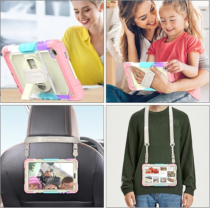 SEYMAC stock Case for iPad 9th/ 8th/ 7th Generation 10.2'', Shockproof with Screen Protector, Pencil Holder [360° Rotating Hand Strap] & Stand, for iPad 10.2 inch 2021-2019 (Yellowish+Pink)