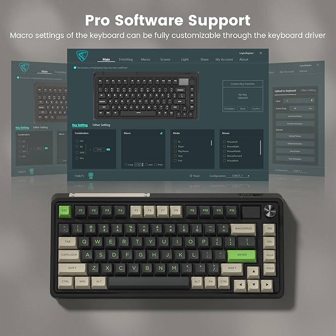 CMK75 Mechanical Keyboard: 75% Layout w/TFT Color Screen & Knob | Tri-Mode Wireless (2.4G/Bluetooth/Wired) | Hot-Swappable | Programmable | PBT Keycaps