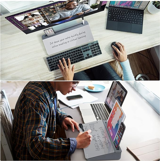 Varhomax Glass Desk Whiteboard with Storage, Desktop Organizer to-do List Memo Notepad Dry Erase White Board for Home Office and School Supplies (GrayBoard)