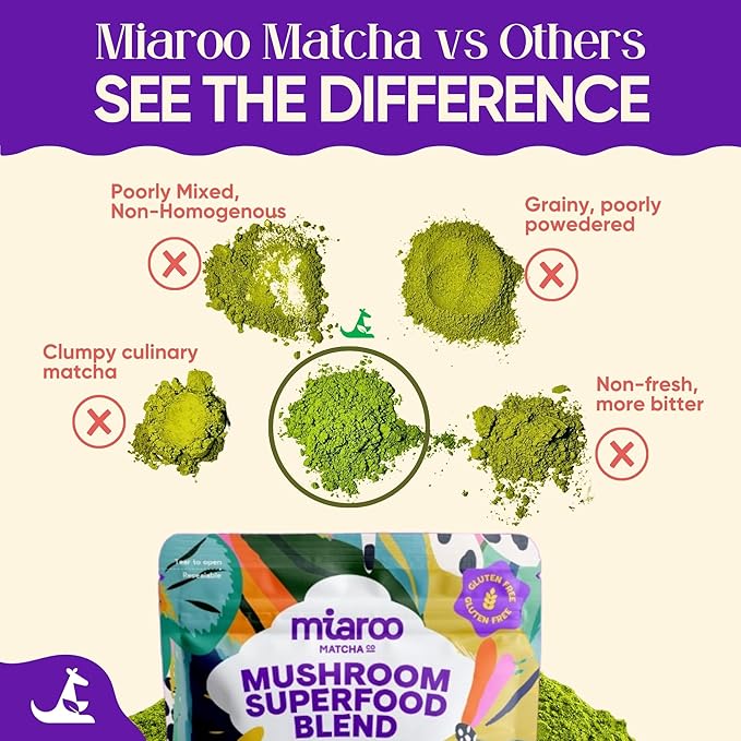 Mushroom Matcha 150g (25 servings, 70mg Caffeine, Zero Sugar) with Lion’s Mane, Cordyceps, Reishi, Chaga | Adaptogenic, Nootropic, Calm Energy, Gut Support & Cognitive Improvement | Miaroo