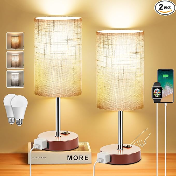 ZJOJO Table Lamp for Bedroom Set of 2, Bedside Small Lamps with 3 Way Dimmable Rocker Switch and AC Outlet, Nightstand Desk Lamp with Gray Fabric Shade Brown Base for Living Room Home Decor Lights