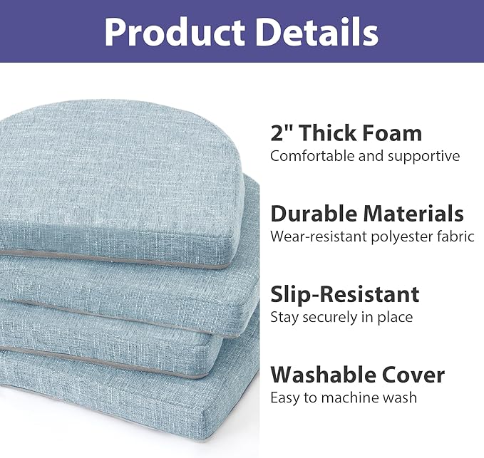 Chair Cushions for Dining Chairs with Ties and Removable Cover, Dining Kitchen Chair Pads with Non-Slip Bottom, High-Resilience Indoor Seat Cushions, 16'' x 16'' x 2'', Set of 2, Light Blue