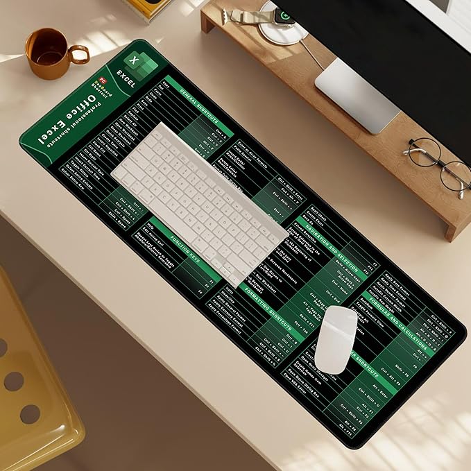 Excel Cheat Sheet Desk Pad, 31.5"x11.8", Waterproof Extra Large Excel Shortcut Mat with Stitched Edges, Anti-Slip Excel Mouse Pad for Office Desk, MS Excel/Word Shortcuts (Green Excel K)