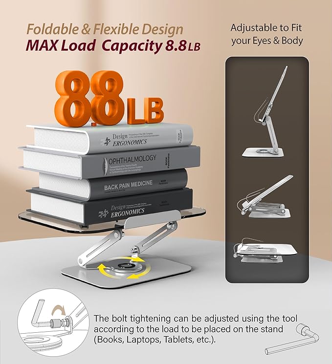 Acrylic Book Stand with 360° Rotating Body, Foldable Book Holder, Recipe and Laptop, Support up to 8.8 lb, Clear Stylish Ergonomic Design