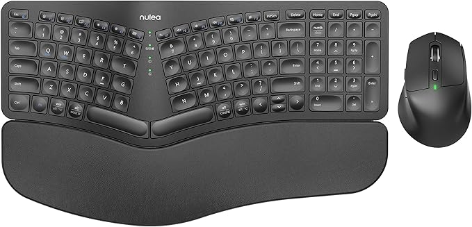 Nulea KM75 Advanced Ergonomic Wireless Keyboard and Mouse Combo, Comfortable Natural Typing, Palm Rest, Multi-Device (Bluetooth, 2.4G, Wired), Rechargeable, for Multi-OS, Windows, Mac, Android(Black)