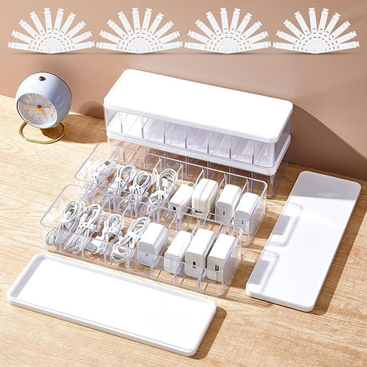 Tatuo 4 Pcs Cable Organizer Box with Wire Ties, Plastic Cord Storage Box with Lid, Electronics Organizer for Home Office Desk Organizers and Accessories (10.79'' X 3.78'' X 1.97'',Clear,White)