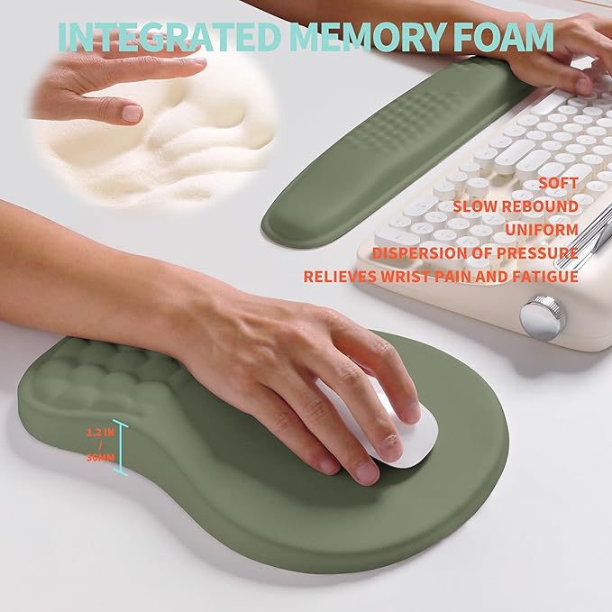 2-in-1 Ergonomic Set, Wave Rise Keyboard Wrist Rest and Massage Bulge Slope Mouse Pad Wrist Support, Cushion Memory Foam Integrated to Relieve Wrist Pain, Olive Green