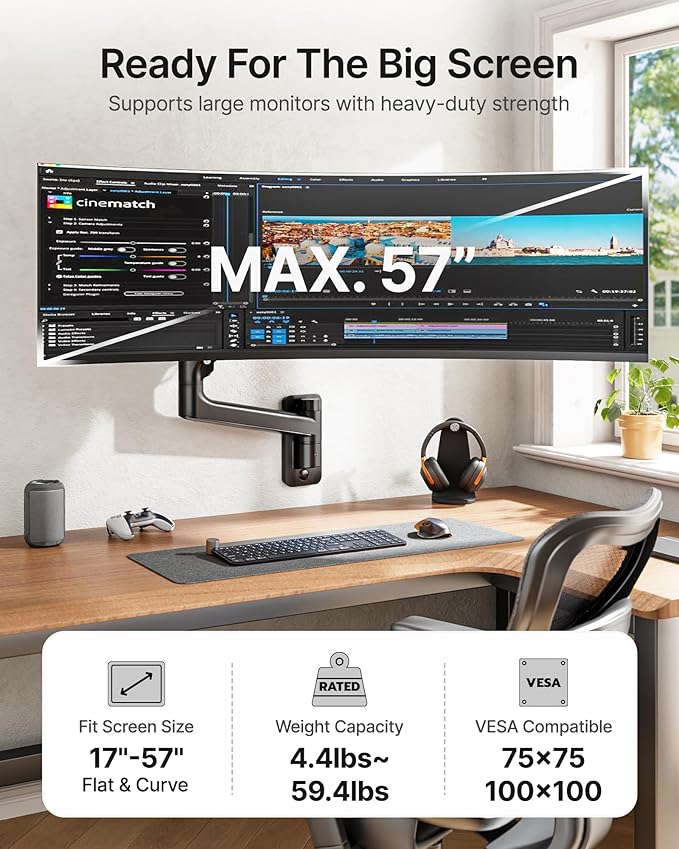 monTEK Monitor Wall Mount for 17-57“ up to 59.4 lbs Ultrawide Screens, Single Heavy-Duty Aluminum Gas Spring Monitor Arm with Full Motion Adjustment, VESA 75x75/100x100 Compatible, Black