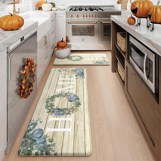 KIMODE Anti Fatigue Pumpkin Kitchen Mat for Floor,Halloween Fall Kitchen Rugs Sets of 2, Autumn Farmhouse Kitchen Rugs Non Slip,Cushioned Kitchen Floor Mat for Floor Sink, Laundry, Office,Home Blue