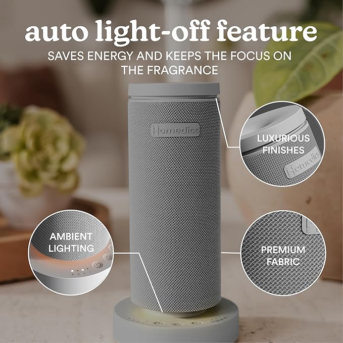 Homedics SereneScent Mini Fabric Rechargeable Waterless Diffuser, Cordless Aromatherapy Device, Use with SereneScent Oil 15ml (Sold Separately), Adjustable Mist Intensity & Ambient Light, Gray