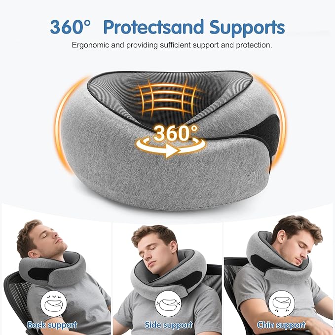 Ergonomic Travel Neck Pillow with Memory Foam Support – Comfortable Airplane Pillow for Adults, Portable Neck Cushion for Car, Office and Long Flights with Eye Mask, Earplug Holder and Carry Bag
