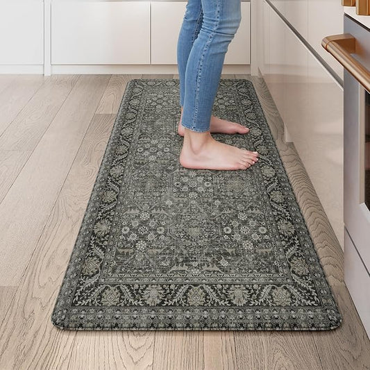 KIMODE Anti Fatigue Kitchen Mat, Cushioned Boho Distressed Kitchen Runner Rug, Non Slip Waterproof Kitchen Mat for Floor, Comfort Foam Standing Desk Mat for Laundry Office Sink Green/Grey 20"x39"