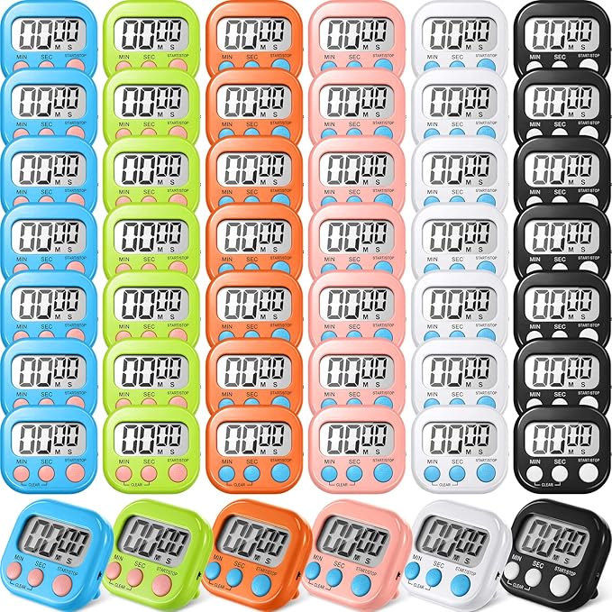 Macarrie 48 Pcs Digital Kitchen Timer Bulk Small Magnetic Backing Stand Timer Clock Loud Alarm LCD Display Electronic Minute Second Count up Countdown Alarm for Teacher Classroom Cooking Baking