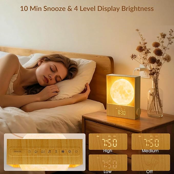 Sunrise Alarm Clocks for Heavy Sleepers,Rotatable Moon Light with Gentle Wake-Up,Clock Night Lamp for Bedrooms - Snooze,10 Light Effects,10 Nature Sounds,15 Ringtones for Adults,Kids,Nursery