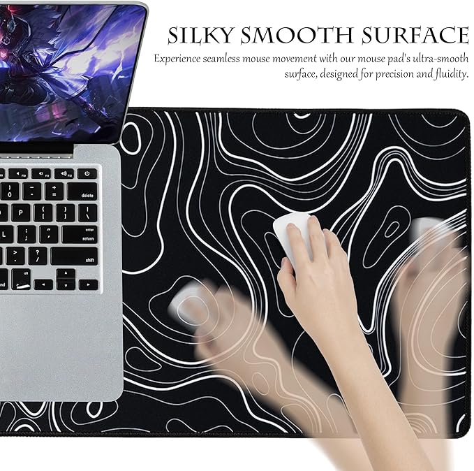 ALOANES Waterproof Mouse Pad with Durable Stitched Edge, XL Gaming Keyboard Pad, Non-Slip Rubber Base, Extended Desk pad for Gamer, Office & Home, Black Topographic Map Mousepad 31.5''x 11.8''x 0.12''