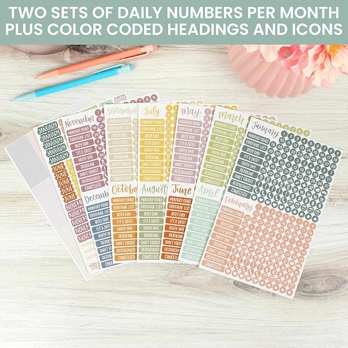 bloom daily planners Calendar Essentials Planner Stickers - 8 Sheets, 1629 Stickers Per Pack! - Color Coordinating Monthly Headings, Dates, Icons, Etc. - Retro Rainbow