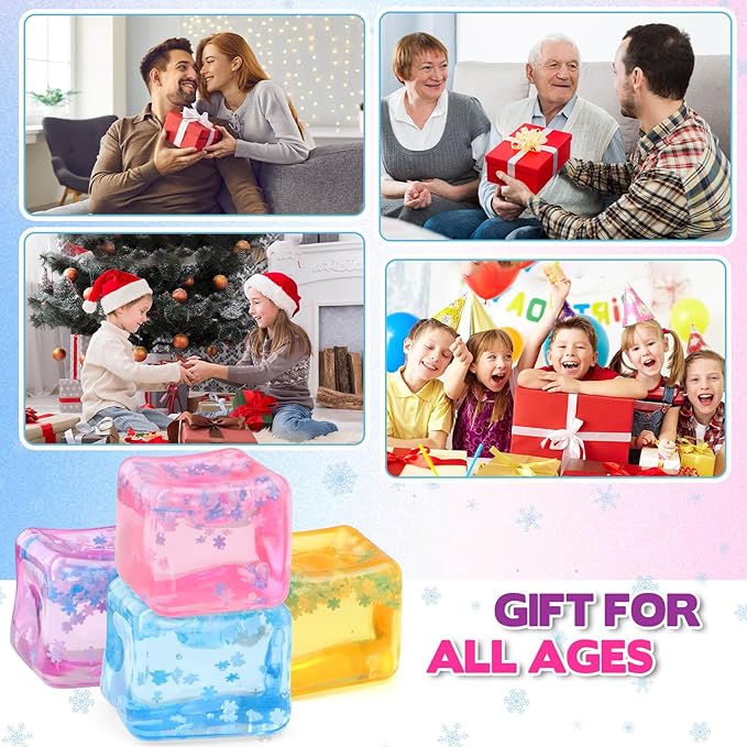 Ice Cube Fidget Toy for All Ages: 4 Pcs Sensory Squishy Fidget Toys, Square Stress Balls, Classroom Prizes, Anxiety Relief Stress Cube Gift for Kids Teens Adults