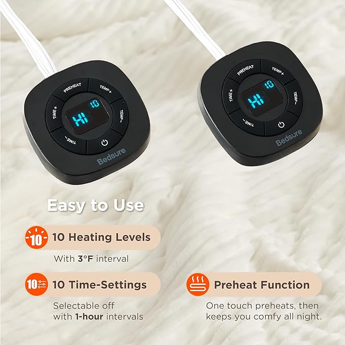 Bedsure GentleSoft Electric Blanket King Size - Soft Ribbed Flannel Heated Blanket with Dual Control, 10 Heat Settings, 10 Time Settings, 8 hrs Timer Auto Shut Off (90x100 inches, Coconut White)