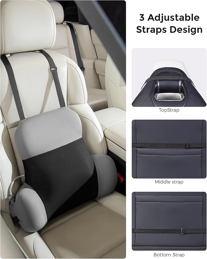 BEBAS Lumbar Support Pillow for Office Chair & Car Seat - Memory Foam Back Cushion with Adjustable Air Cushion, Dual Strap System for Back Pain Relief (Fits Gaming/Home Chairs)