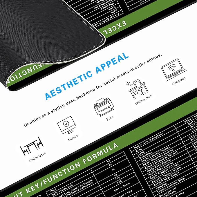 Excel Cheat Sheet Desk Pad, 31.5"x11.8", Waterproof Extra Large Excel Shortcut Mat with Stitched Edges, Anti-Slip Excel Mouse Pad for Office Desk, MS Excel/Word Shortcuts (Green Excel G)