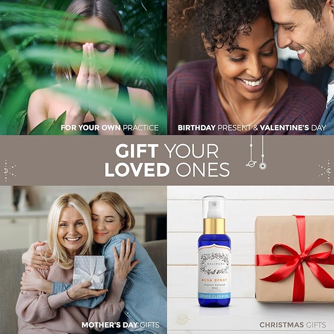 BALIPURA - Space Clearing Healing Aura Crystal Spray - Black Tourmaline & Selenite Crystals - Tea Tree, Lavender & Clary Sage Organic Essential Oils Blends - Handmade in Bali - 3.4 fl.oz