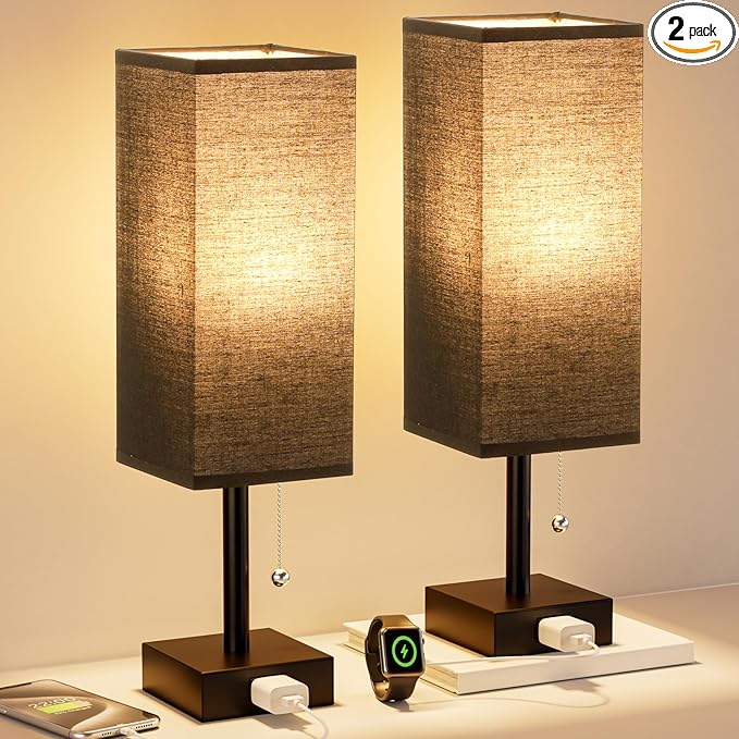 Black Table Lamps for Bedroom Set of 2 - Nightstand Lamp with AC Outlet Charging Port, 3 Color Temperatures Desk Light with Bulb, Small Tabletop Reading Lamp for Living Room/Dorm/Office